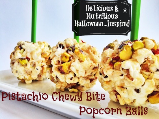 Halloween-Inspired Pistachio Chewy Bite Popcorn Balls