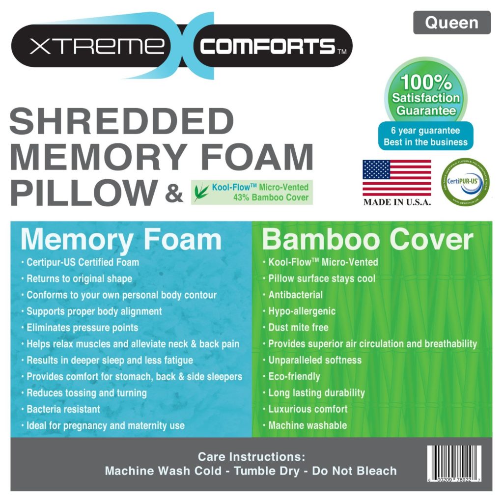 Shredded Memory Foam Pillow With Kool-Flow Micro-Vented Bamboo Cover - Made in the USA by Xtreme Comforts - Hypoallergenic and Dust Mite Resistant (Queen)